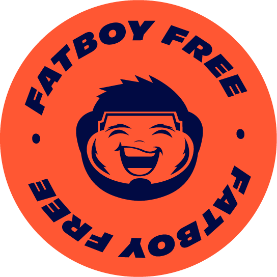 FATBOYFREE Circle Orange Logo With a Cool Blue Smiling Baby Face Character
